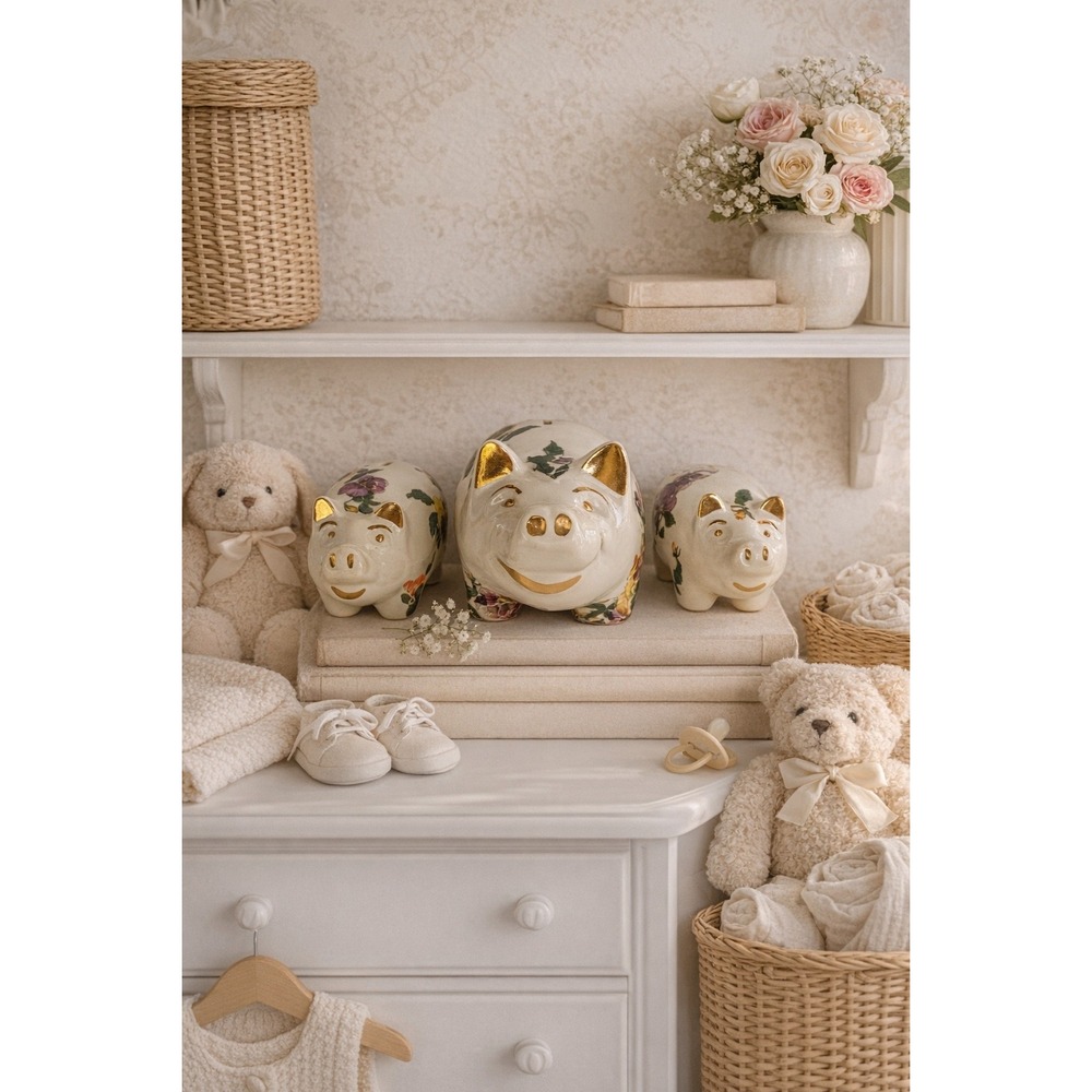 Vintage Style Pansy Floral Ceramic Piggy Bank Set 3pc Gold Trim Cream Accent